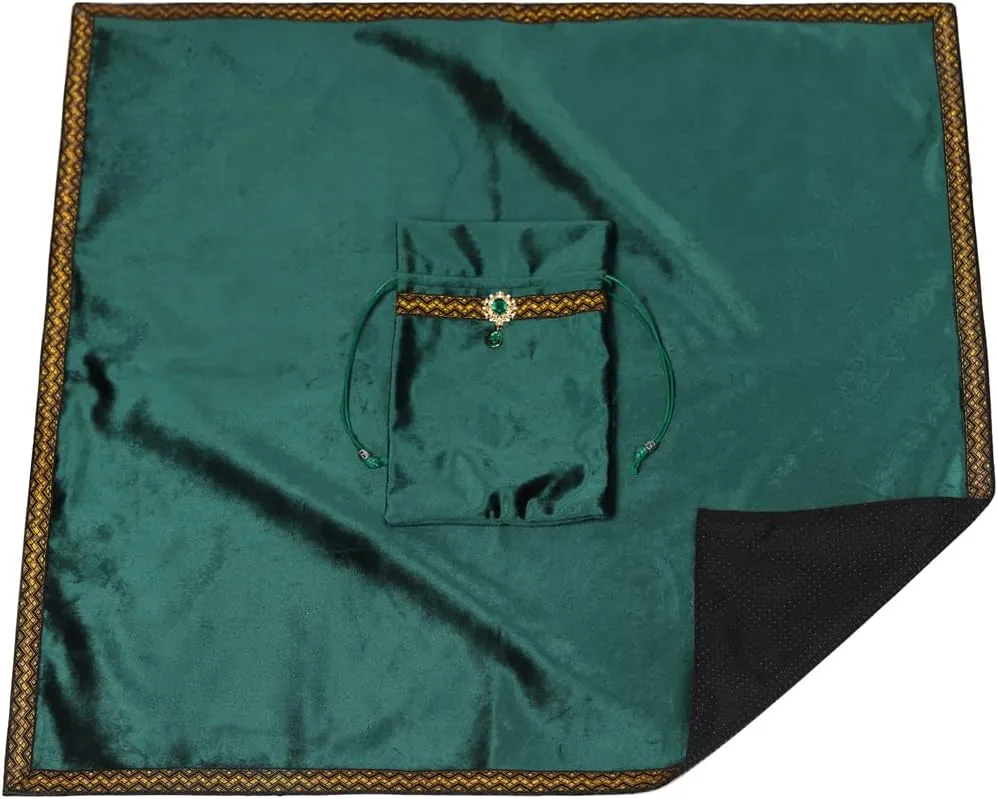 Tarot Cards Divination Altar Cloth Witch Decor - Witchy Gifts，Fortune Teller's Recommendation - Acrylic Diamond Pendant - Thickened Velvet Non Slip (Green, 2-Piece Set with Medium Bag)