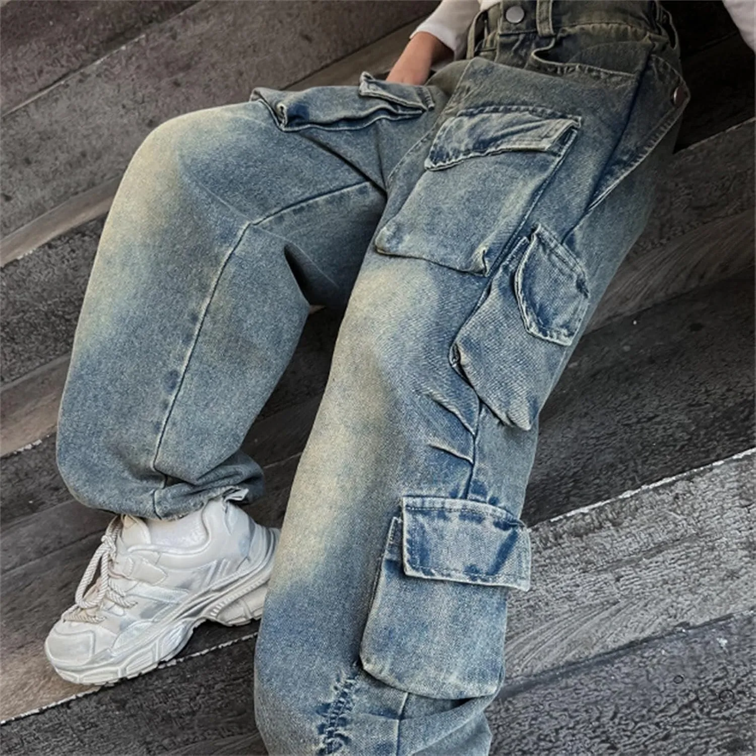 Teen Girls Baggy Jeans Y2k Streetwear Denim Cargo Pants Distressed Elastic High Waist Wide Leg Clothes Hip Star Leggings