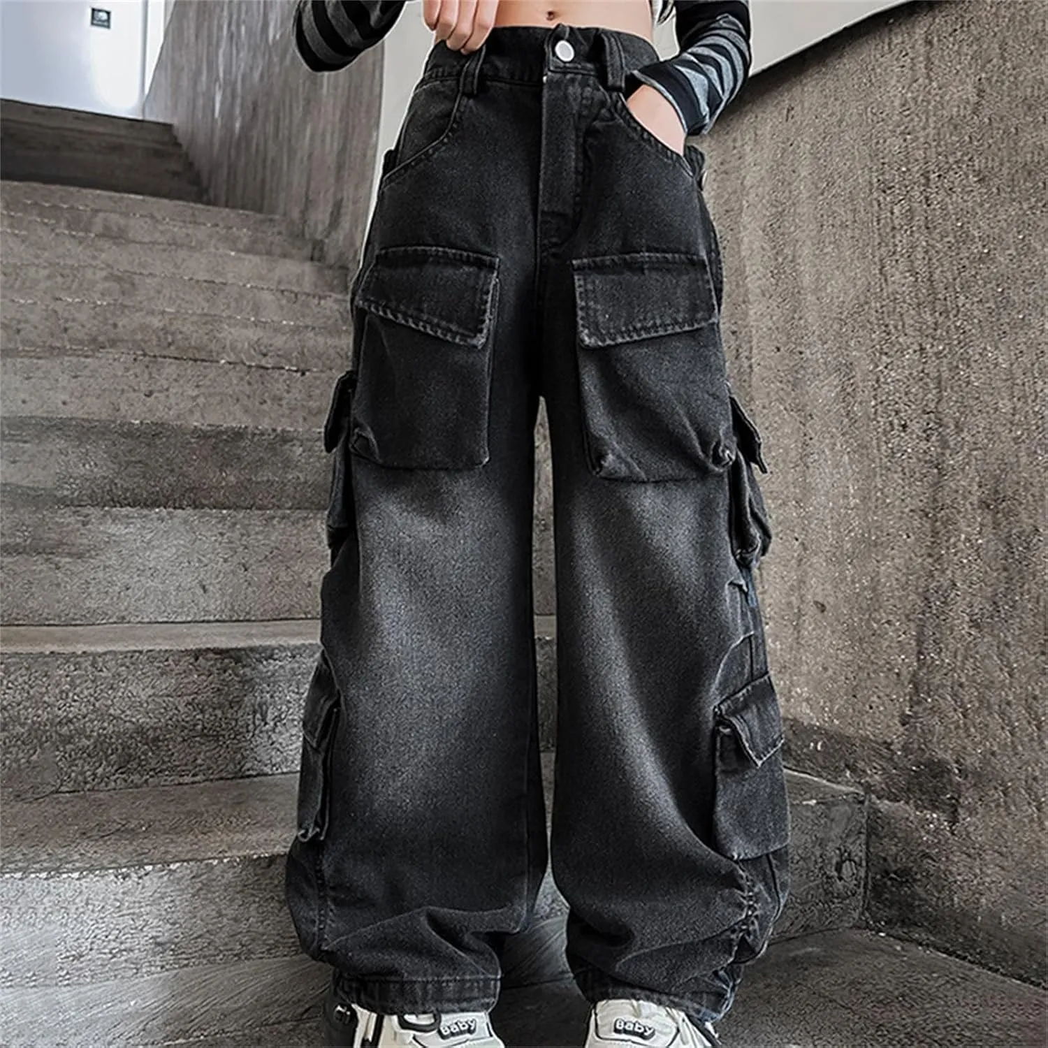 Teen Girls Baggy Jeans Y2k Streetwear Denim Cargo Pants Distressed Elastic High Waist Wide Leg Clothes Hip Star Leggings