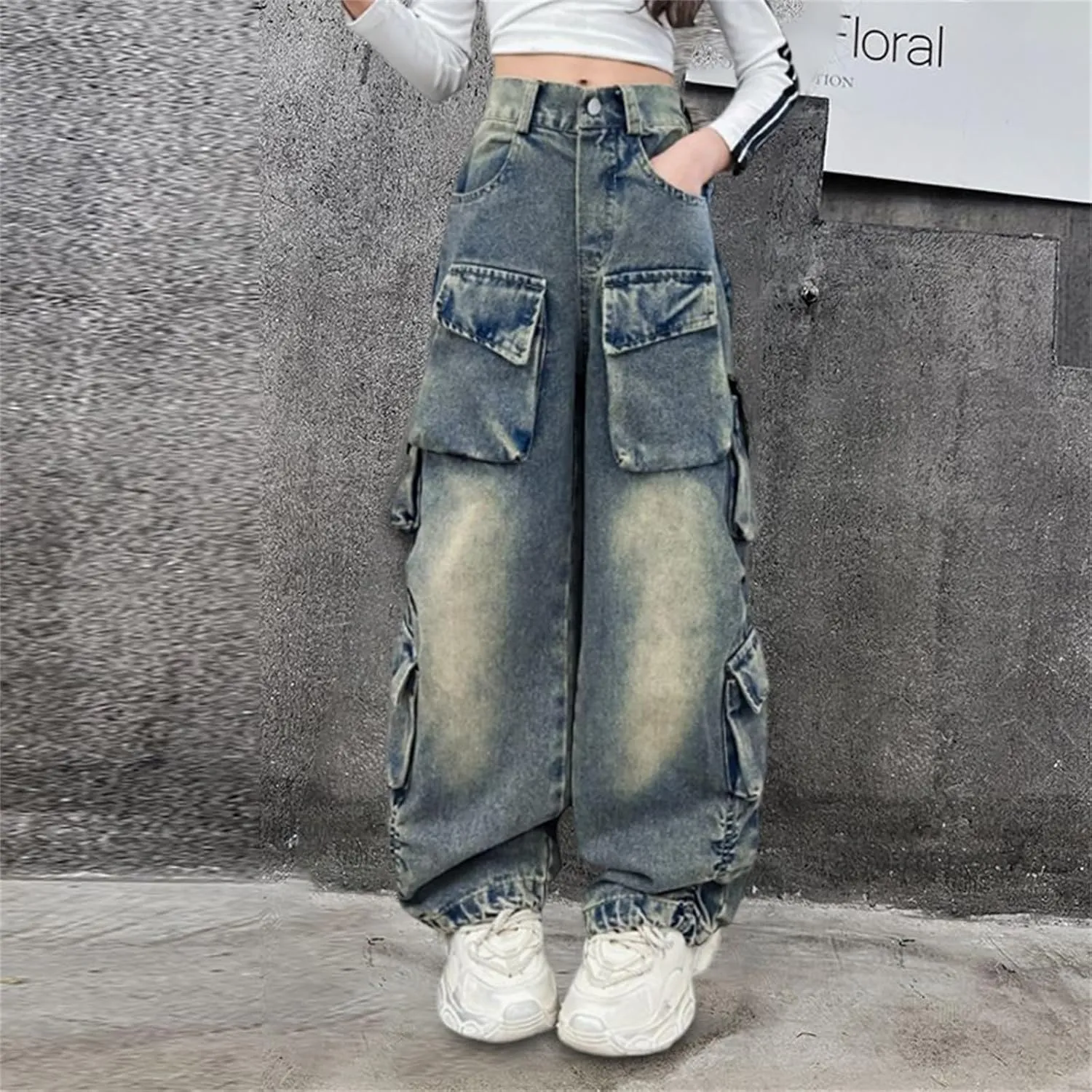Teen Girls Baggy Jeans Y2k Streetwear Denim Cargo Pants Distressed Elastic High Waist Wide Leg Clothes Hip Star Leggings