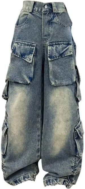 Teen Girls Baggy Jeans Y2k Streetwear Denim Cargo Pants Distressed Elastic High Waist Wide Leg Clothes Hip Star Leggings