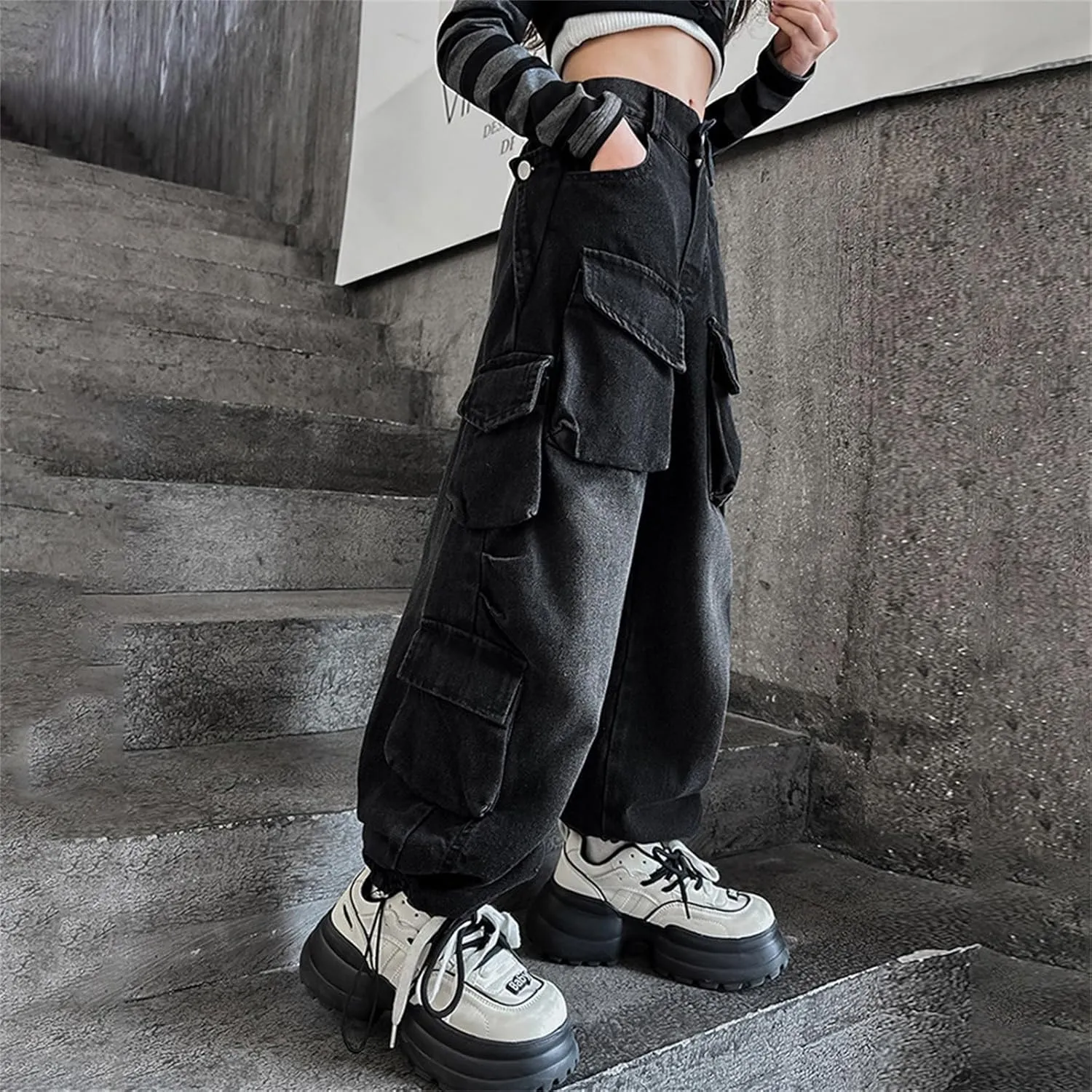 Teen Girls Baggy Jeans Y2k Streetwear Denim Cargo Pants Distressed Elastic High Waist Wide Leg Clothes Hip Star Leggings
