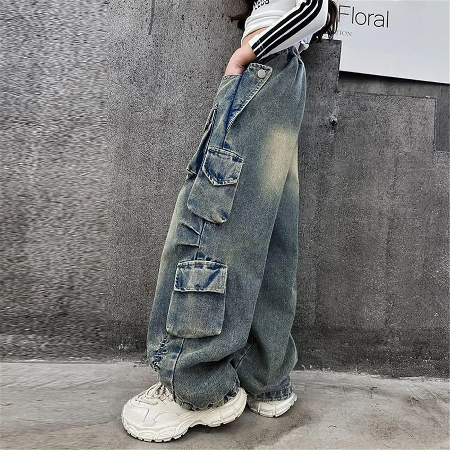 Teen Girls Baggy Jeans Y2k Streetwear Denim Cargo Pants Distressed Elastic High Waist Wide Leg Clothes Hip Star Leggings