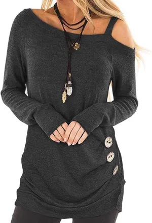 TEMOFON Women's Cold Shoulder Tops: Long Sleeve Casual Shirts Twist Knot Top Tunic Blouse Tshirt S-2XL