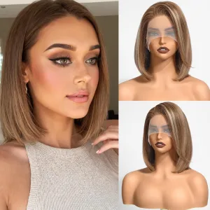 testar 13×4 Brown Mixed Blonde Bob Wig Human Hair Realistic HD Lace Front Wig Human Hair Ready to Go Bob Wig Glueless 12 Inch Straight Bob Human Hair Wigs for Women