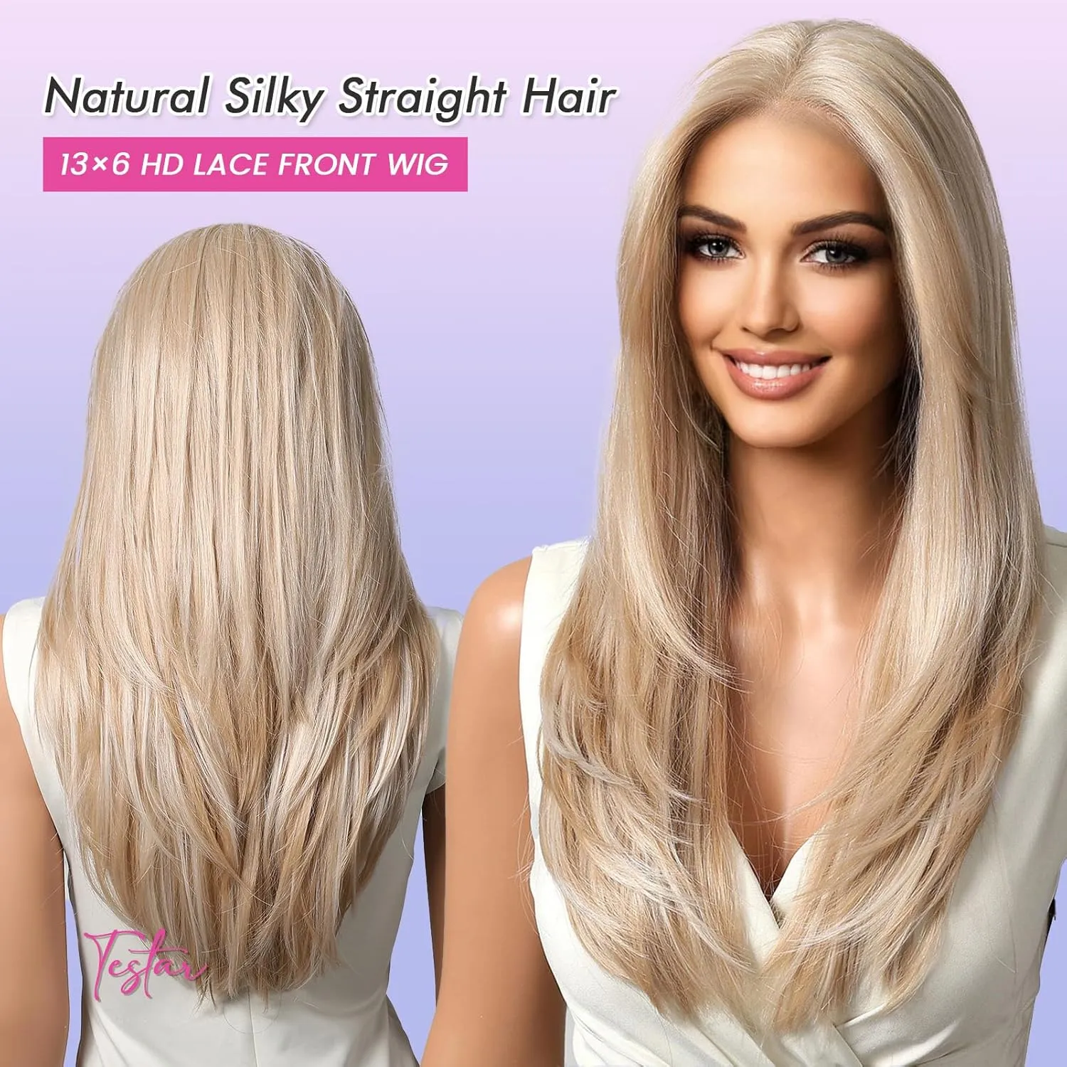 testar 613 13×6 Lace Front Wig Long Blonde Wigs for Women HD Transparent Lace Wig Platinum Blonde Wig 22 Inch Straight Hair Natural Layered Glueless Synthetic Wigs for Daily Use(613 Blonde)