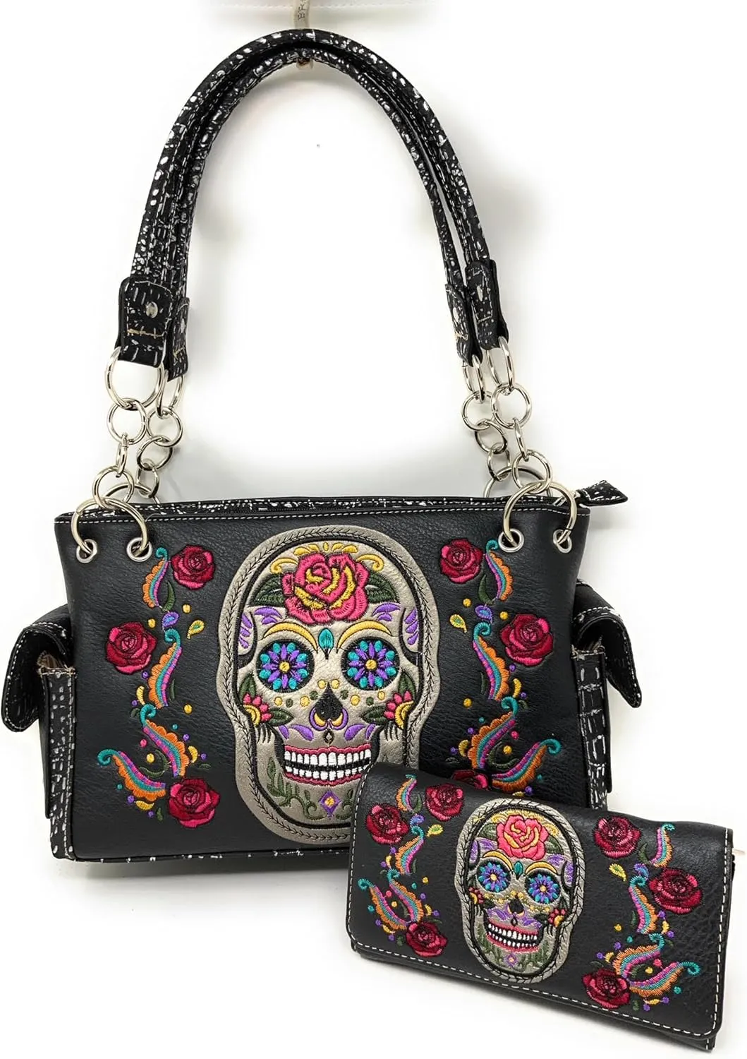 Texas West Women's Embroidered Flora Sugar Skull Purse Handbag and Clutch Wallet set in 4 colors