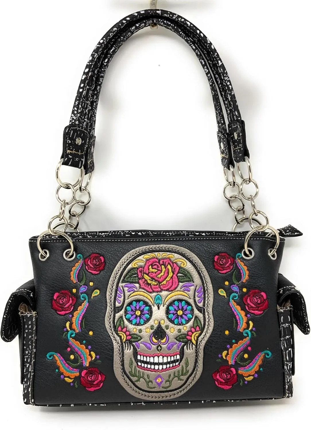 Texas West Women's Embroidered Flora Sugar Skull Purse Handbag and Clutch Wallet set in 4 colors