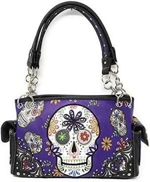 Texas West Women's Embroidered Flora Sugar Skull Purse Handbag and Clutch Wallet set in 4 colors