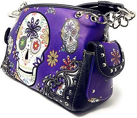 Texas West Women's Embroidered Flora Sugar Skull Purse Handbag and Clutch Wallet set in 4 colors
