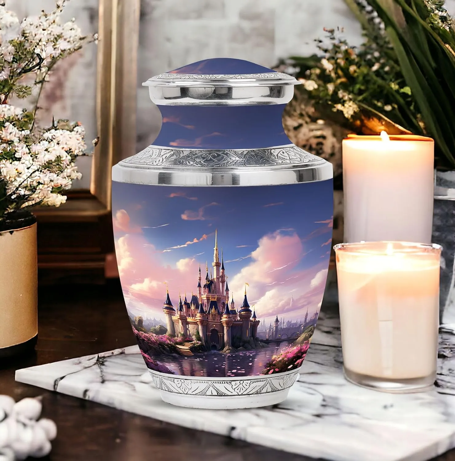 The Castle by The Blooming River - Memorial Ashes Urns - Combo of 1 Large Urn with Velvet Bag and 1 Small - Burial Urns for Dad - Cremation Urns - Adult Urns for Male - Funeral Urns - Tiny Urns