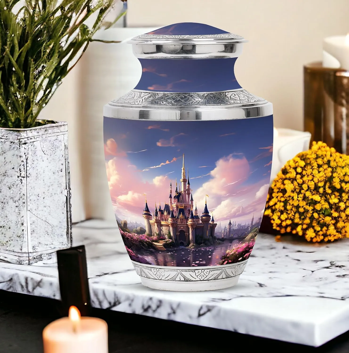 The Castle by The Blooming River - Memorial Ashes Urns - Combo of 1 Large Urn with Velvet Bag and 1 Small - Burial Urns for Dad - Cremation Urns - Adult Urns for Male - Funeral Urns - Tiny Urns