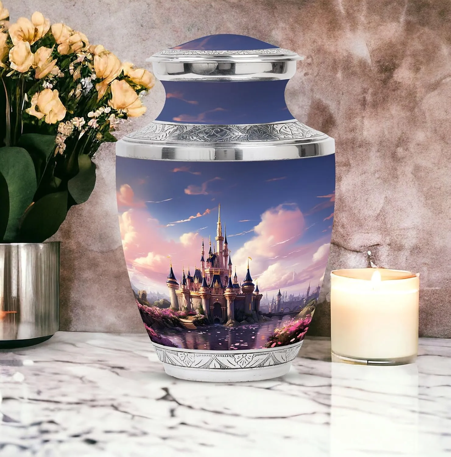 The Castle by The Blooming River - Memorial Ashes Urns - Combo of 1 Large Urn with Velvet Bag and 1 Small - Burial Urns for Dad - Cremation Urns - Adult Urns for Male - Funeral Urns - Tiny Urns