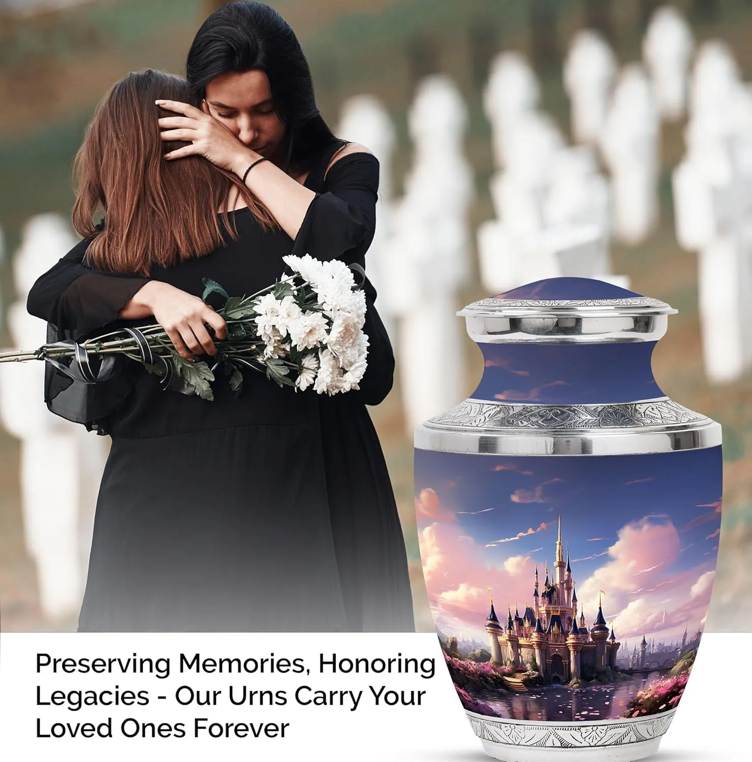 The Castle by The Blooming River - Memorial Ashes Urns - Combo of 1 Large Urn with Velvet Bag and 1 Small - Burial Urns for Dad - Cremation Urns - Adult Urns for Male - Funeral Urns - Tiny Urns