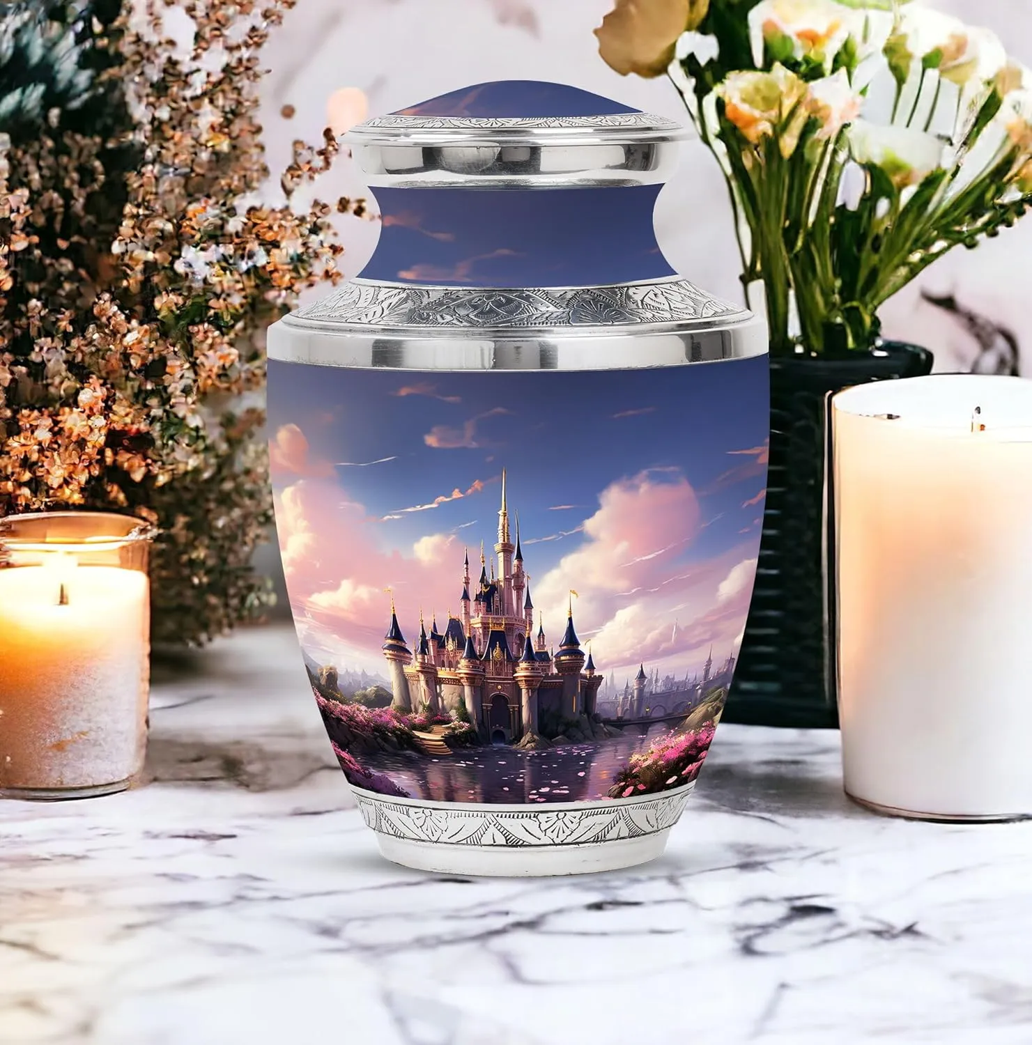 The Castle by The Blooming River - Memorial Ashes Urns - Combo of 1 Large Urn with Velvet Bag and 1 Small - Burial Urns for Dad - Cremation Urns - Adult Urns for Male - Funeral Urns - Tiny Urns