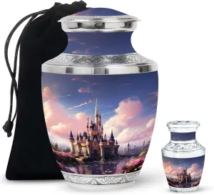 The Castle by The Blooming River - Memorial Ashes Urns - Combo of 1 Large Urn with Velvet Bag and 1 Small - Burial Urns for Dad - Cremation Urns - Adult Urns for Male - Funeral Urns - Tiny Urns