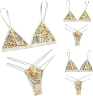 The Crafty Owl Set of White and Yellow See-through Mesh Transparent Lace Stitching Floral Bra and Brief