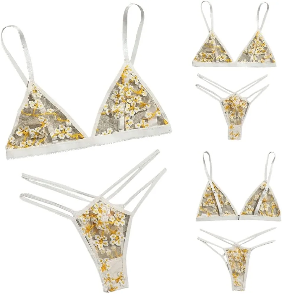 The Crafty Owl Set of White and Yellow See-through Mesh Transparent Lace Stitching Floral Bra and Brief