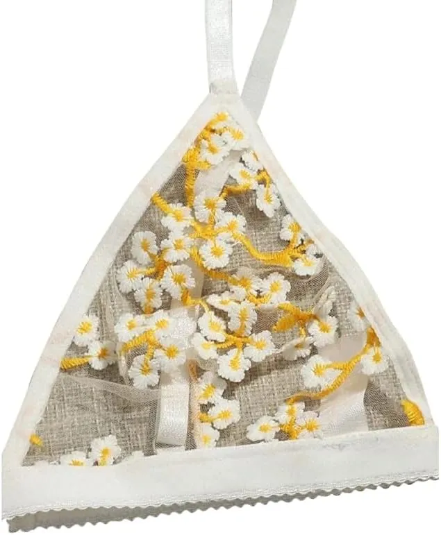 The Crafty Owl Set of White and Yellow See-through Mesh Transparent Lace Stitching Floral Bra and Brief