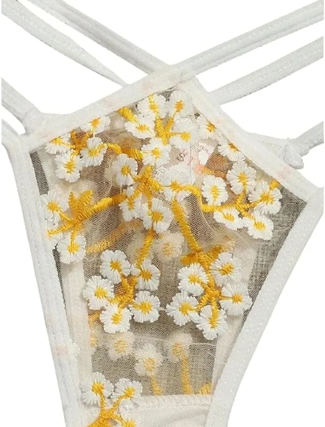 The Crafty Owl Set of White and Yellow See-through Mesh Transparent Lace Stitching Floral Bra and Brief