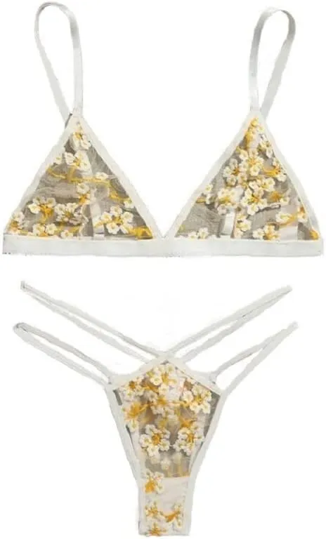 The Crafty Owl Set of White and Yellow See-through Mesh Transparent Lace Stitching Floral Bra and Brief