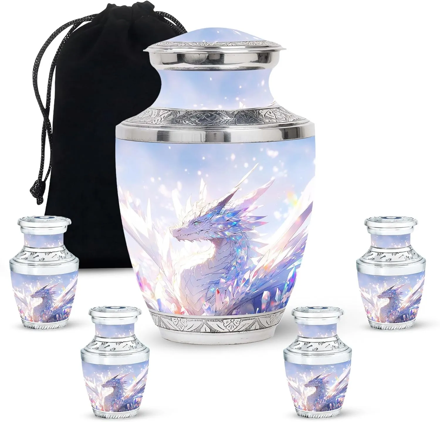 The Crystal Dragon - Memorial Urns - Combo Of 1 Large Urn With Velvet Bag And 4 Small - Funeral Urns - Small Cremation Urns For Human Ashes - Cremation Urns For Men - Large Urns - Ashes Keepsake