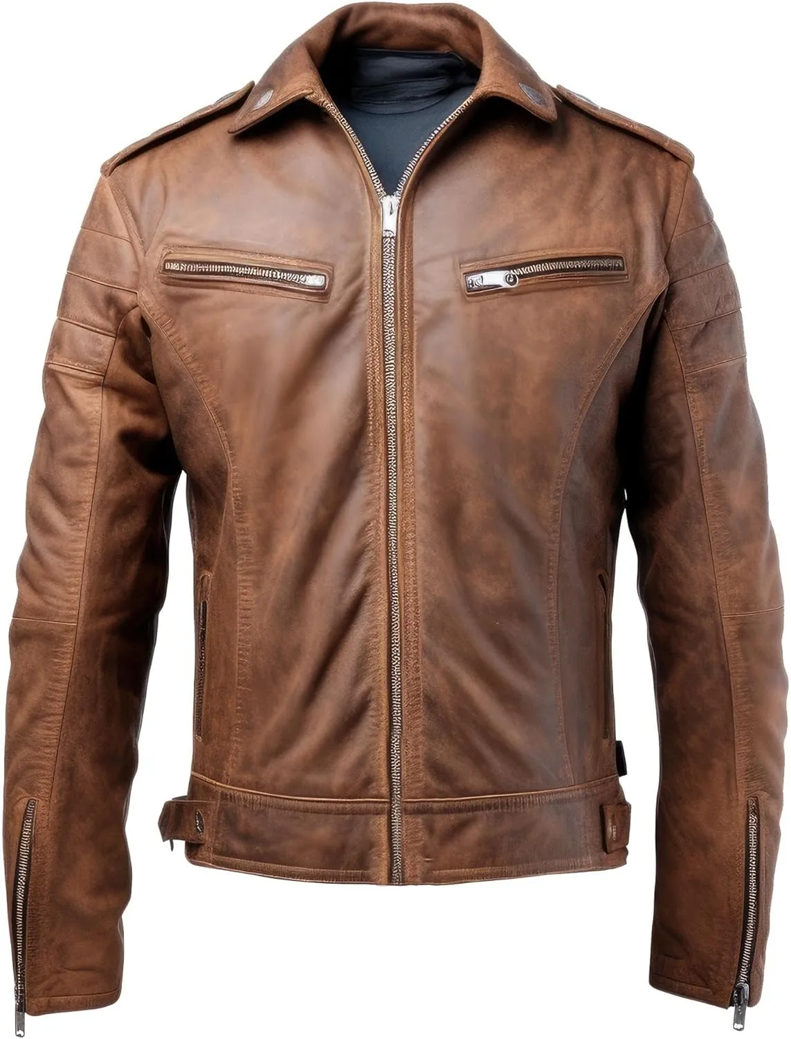 The Next Mens Aviation Genuine Leather Jacket with Military Lapel Zipper Pockets Pilot Leather Jackets