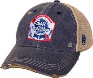 The Original Retro Brand Pabst Blue Ribbon Logo Distressed Denim Trucker Hat