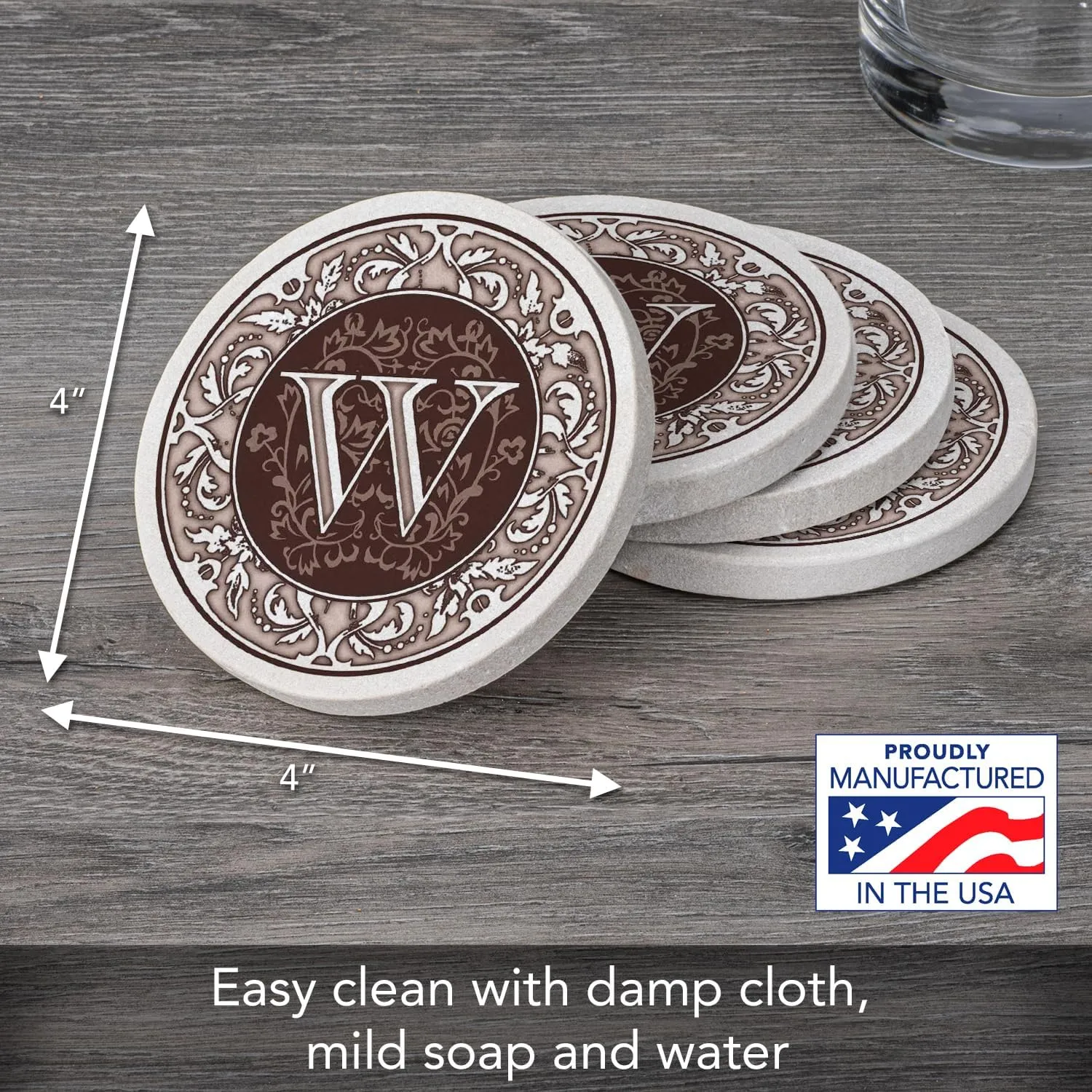 Thirstystone Monogram Letter W Absorbent Sandstone Coaster 4-Pack Made in The USA Decorative, Absorbent, Easily Wipes Clean