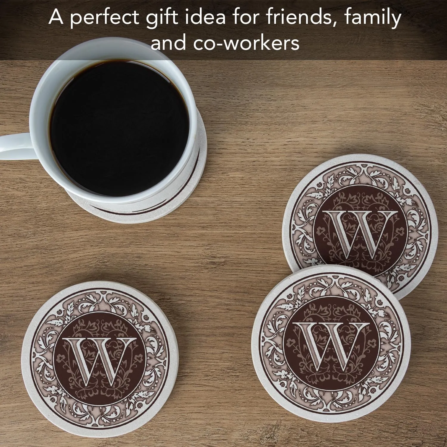 Thirstystone Monogram Letter W Absorbent Sandstone Coaster 4-Pack Made in The USA Decorative, Absorbent, Easily Wipes Clean