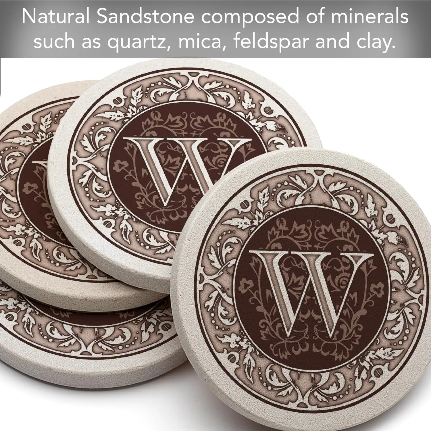 Thirstystone Monogram Letter W Absorbent Sandstone Coaster 4-Pack Made in The USA Decorative, Absorbent, Easily Wipes Clean