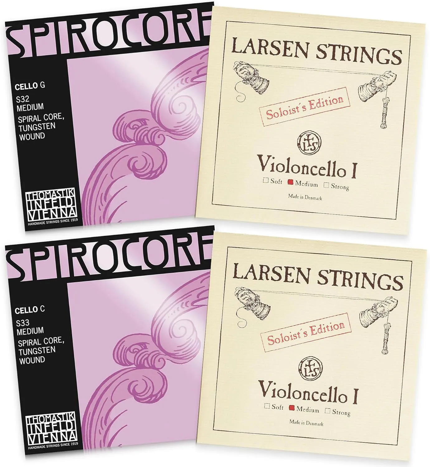 Thomastik-Infeld Spirocore Tungsten and Larsen Cello Set - Cello Strings 4/4 Full Set - Larsen A and D - Spirocore Tungsten Wound G and Single C String - Made in Vienna - Solo