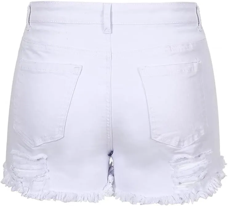 THUNDER STAR Women Mid Rise Ripped Stretchy Jeans Shorts Frayed Raw Hem Casual Denim Shorts