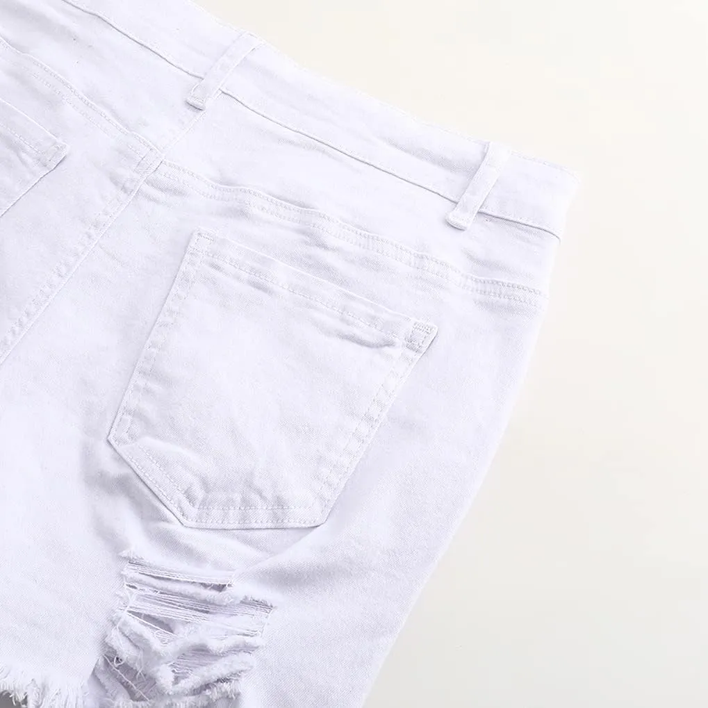 THUNDER STAR Women Mid Rise Ripped Stretchy Jeans Shorts Frayed Raw Hem Casual Denim Shorts