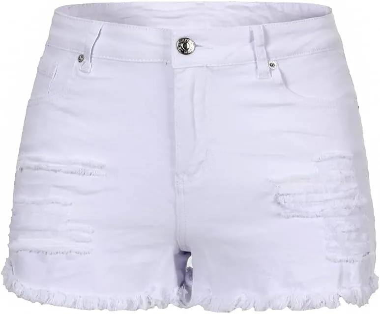 THUNDER STAR Women Mid Rise Ripped Stretchy Jeans Shorts Frayed Raw Hem Casual Denim Shorts