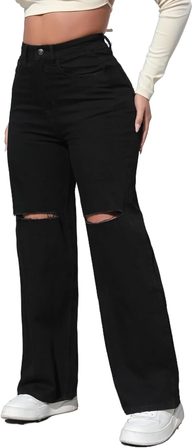 THUNDER STAR Womens High Waisted Wide Leg Jeans Stretchy Distressed Denim Pants