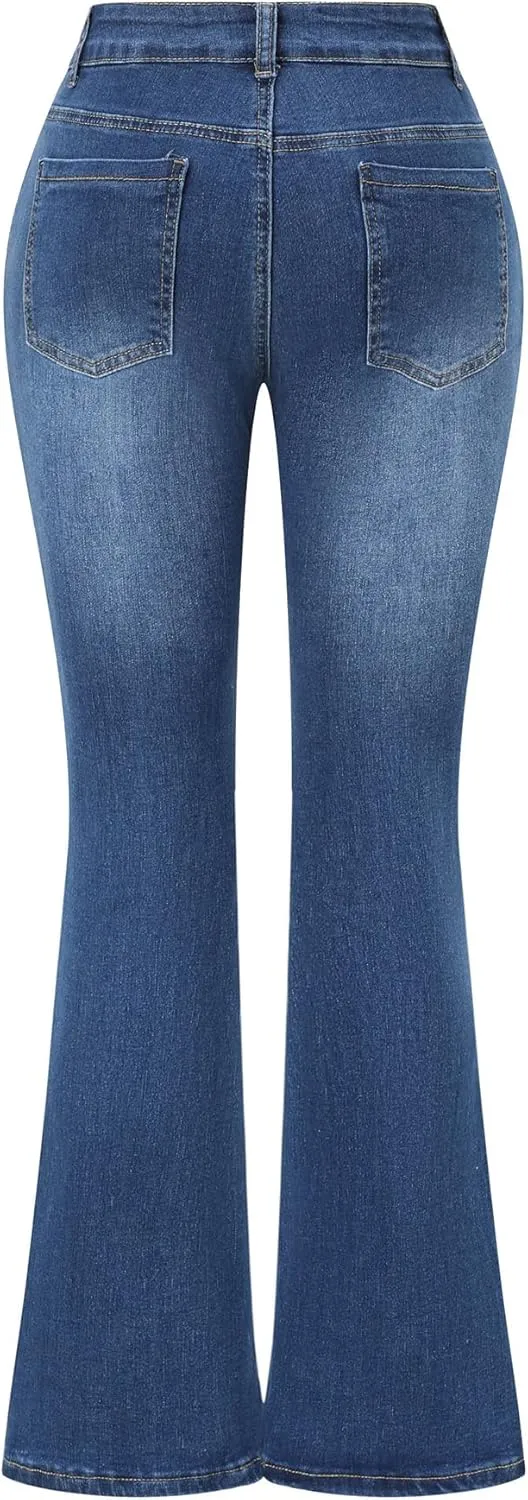 THUNDER STAR Womens Stretchy Mid Rise Flare Jeans Distressed Denim Bell Bottom Pants