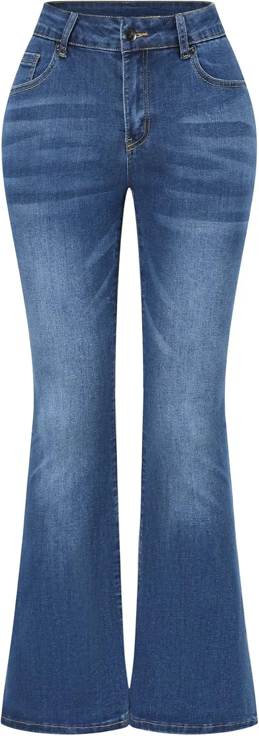 THUNDER STAR Womens Stretchy Mid Rise Flare Jeans Distressed Denim Bell Bottom Pants