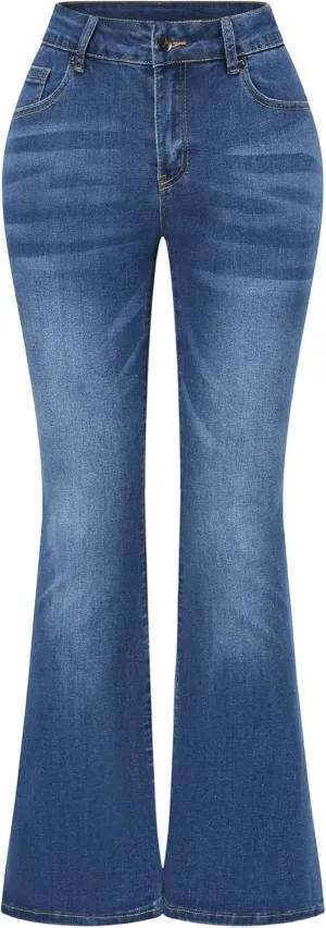 THUNDER STAR Womens Stretchy Mid Rise Flare Jeans Distressed Denim Bell Bottom Pants