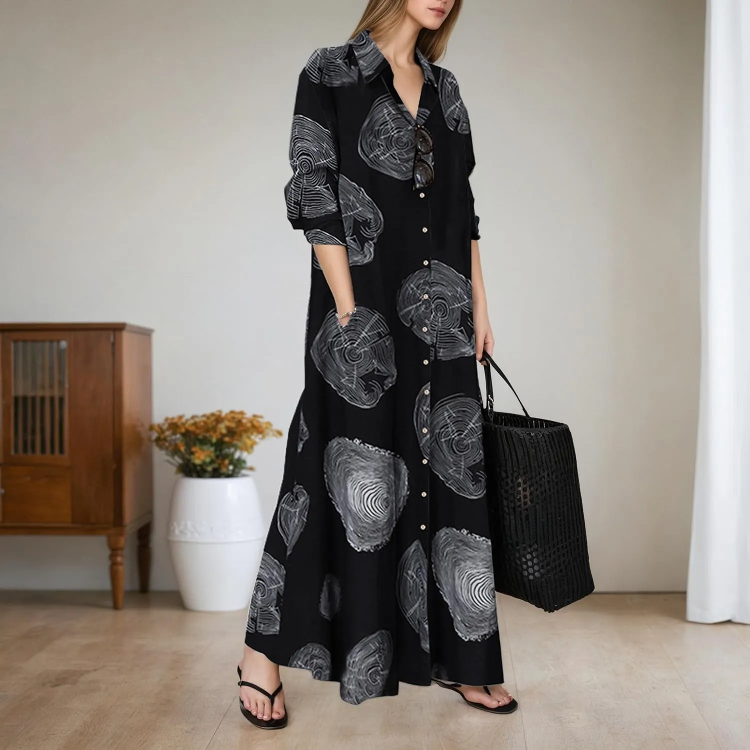 TIAFORD Women's Casual Button Down Cotton Linen Maxi Dress Long Sleeve Lapel Loose Plus Size Shirt Dresses with 2 Pockets
