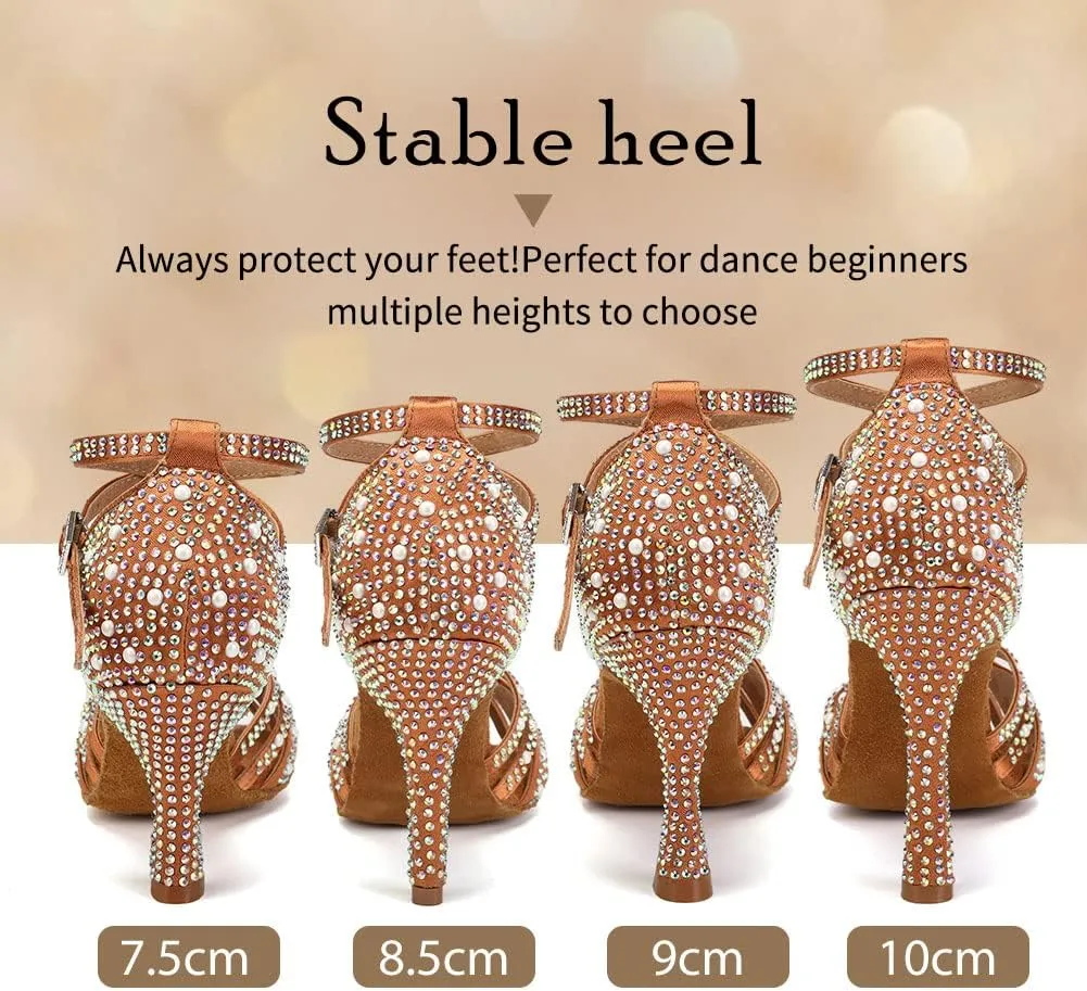TINRYMX Women Latin Dance Shoes Rhinestones Sparkly Ballroom Salsa Performance Party Dancing Heels,Model-L432/L506