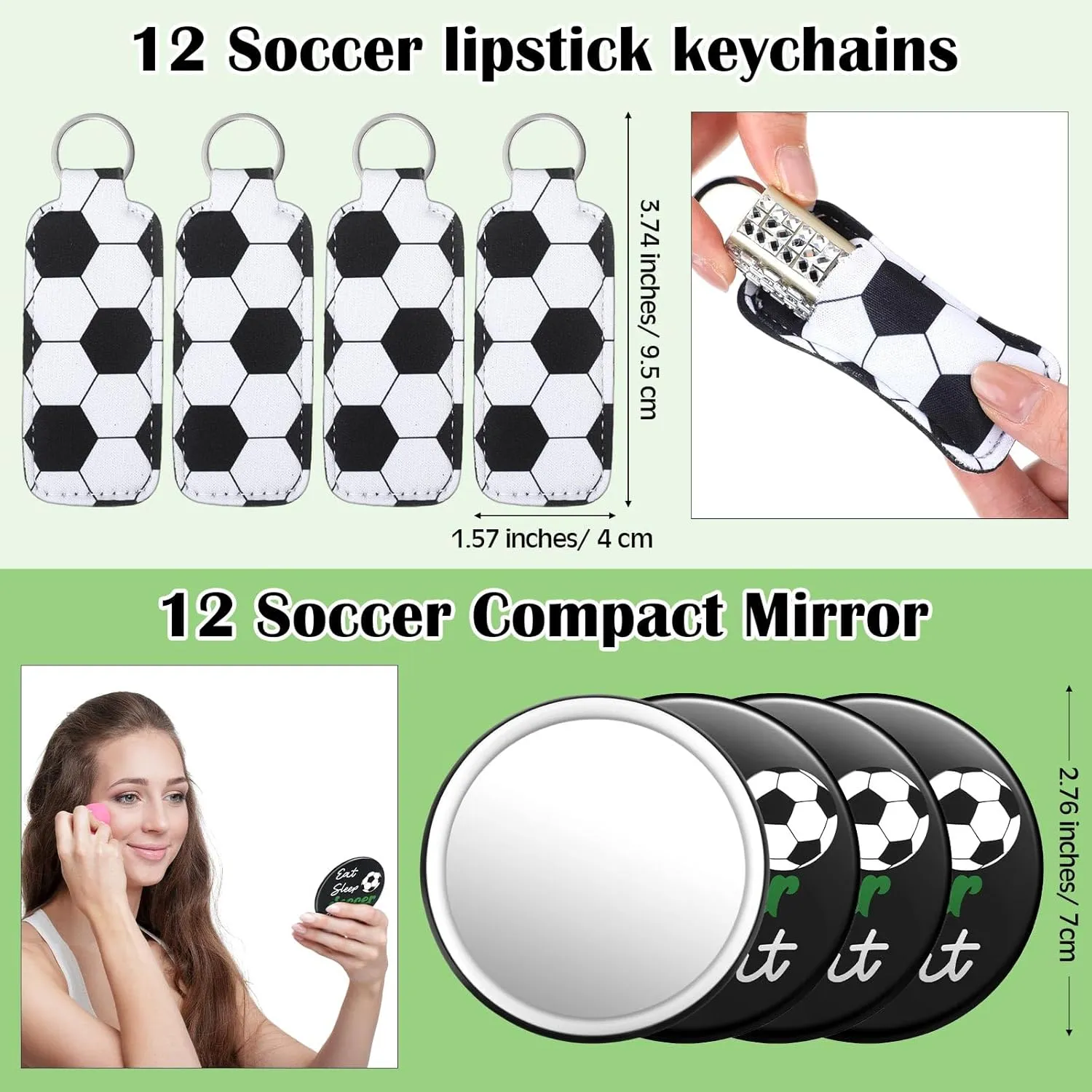 Tioncy 110 Pcs Soccer Party Favors Set Soccer Gifts for Team Sports Accessories Include Cosmetic Bag Lipstick Holder Keychain Compact Mirror Hairbrush Scrunchie Sticker Team Party Favors