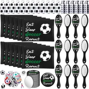 Tioncy 110 Pcs Soccer Party Favors Set Soccer Gifts for Team Sports Accessories Include Cosmetic Bag Lipstick Holder Keychain Compact Mirror Hairbrush Scrunchie Sticker Team Party Favors