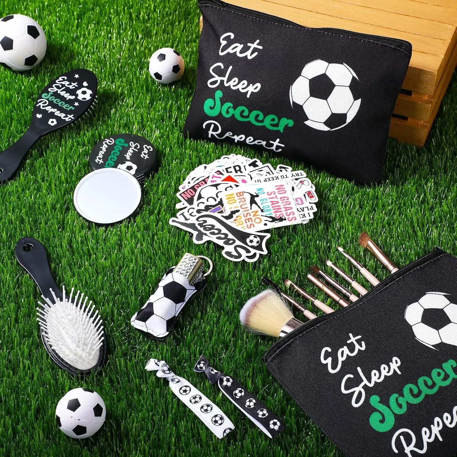 Tioncy 110 Pcs Soccer Party Favors Set Soccer Gifts for Team Sports Accessories Include Cosmetic Bag Lipstick Holder Keychain Compact Mirror Hairbrush Scrunchie Sticker Team Party Favors