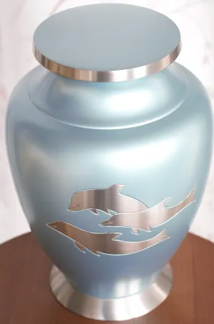 Today's A Gift Silver Dolphins Cremation Urn for Human Ashes, Handcrafted Adult Size Brass Memorial Urn with Engraved Dolphins, Secure Lid & Sky Blue (10.7 Inches)