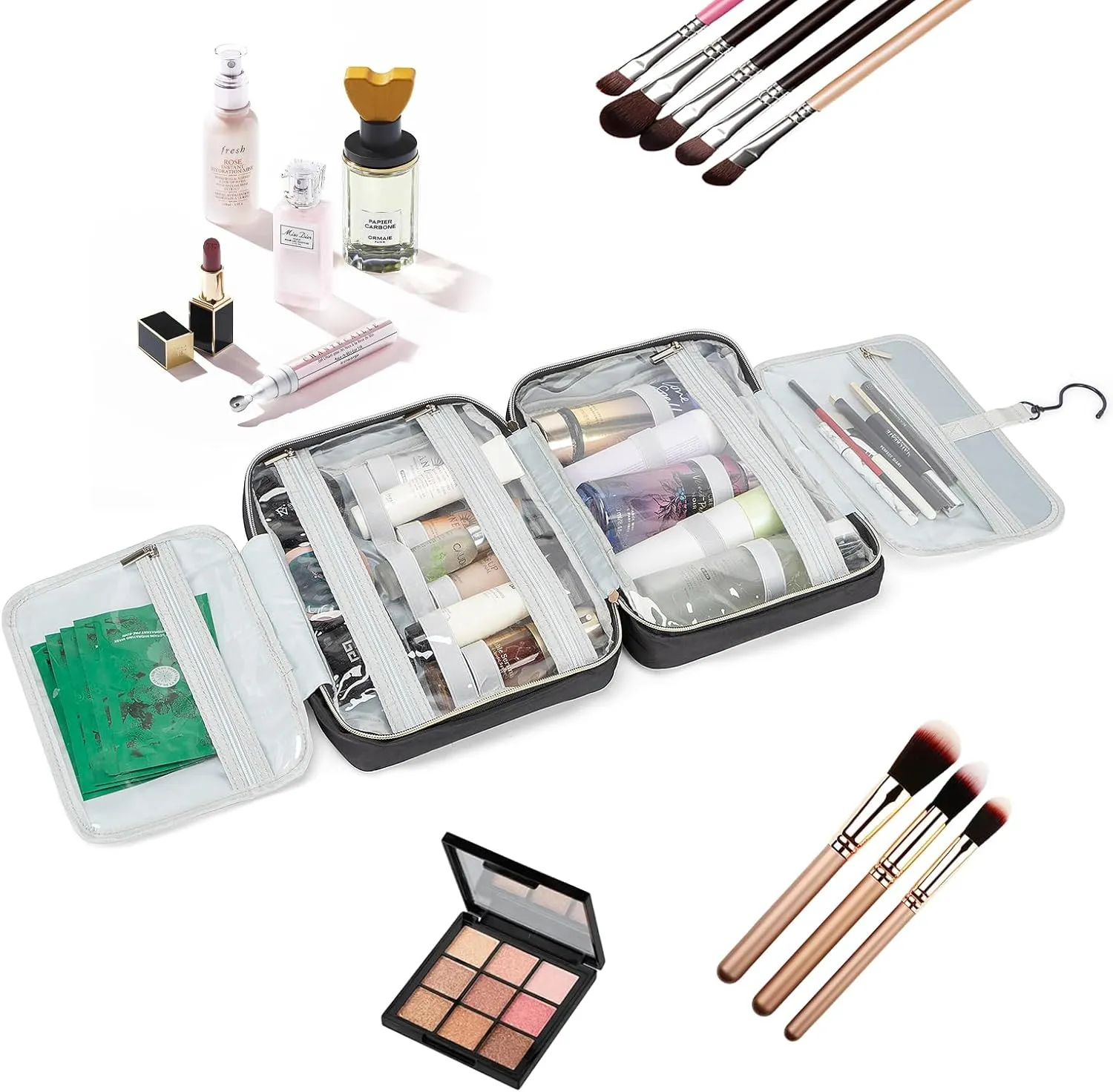 Toiletry Bag Hanging Travel Makeup Organizer with TSA Approved Transparent Cosmetic Bag Makeup Bag for Full Sized Toiletries (Black)