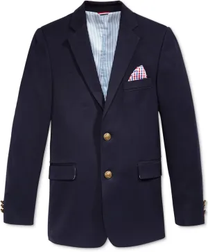 Tommy Hilfiger Boys' Bi-Stretch Alexander Blazer, Single Breasted with Pocket Square, Solid Color with Flag Print Lining