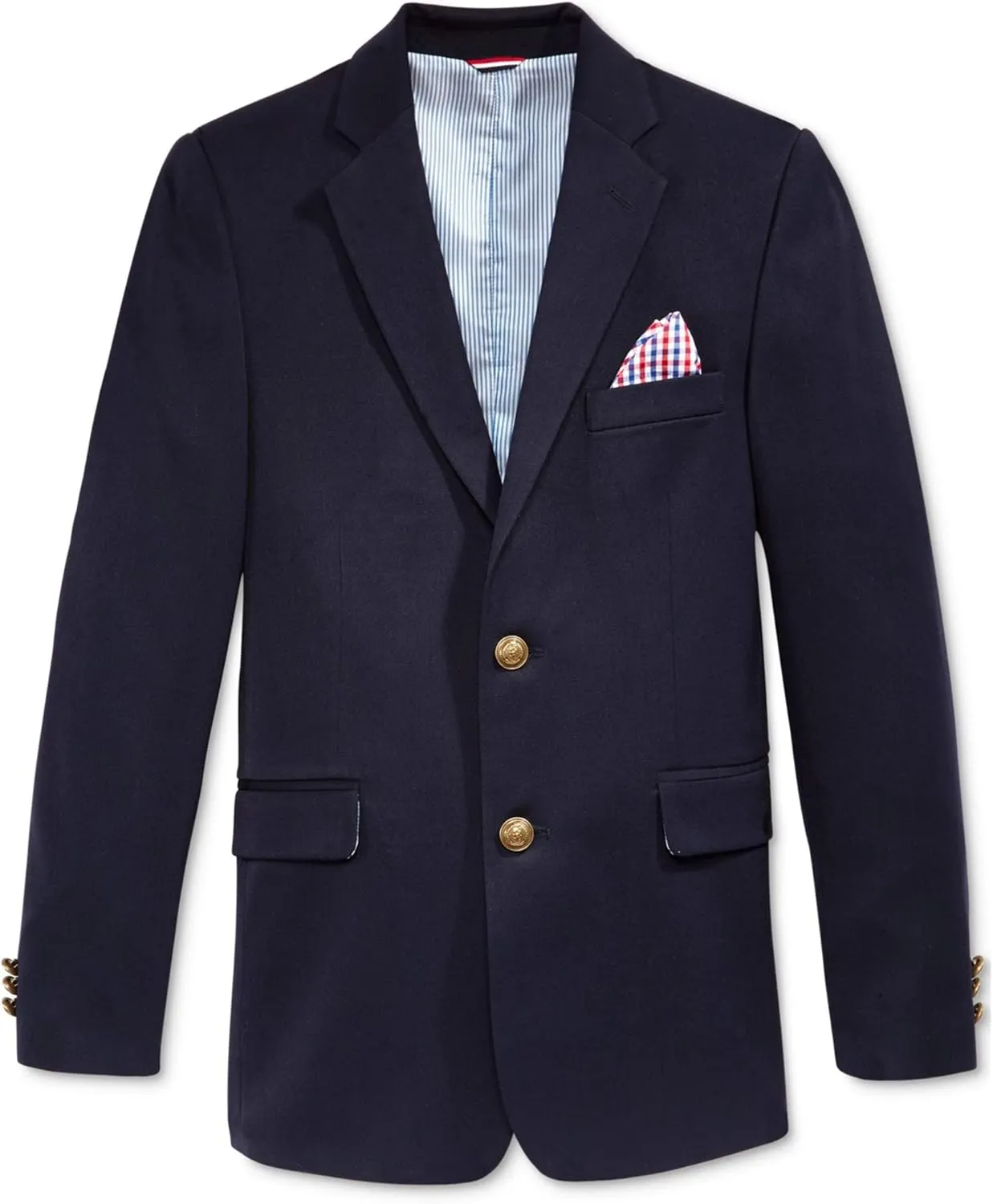Tommy Hilfiger Boys' Bi-Stretch Alexander Blazer, Single Breasted with Pocket Square, Solid Color with Flag Print Lining