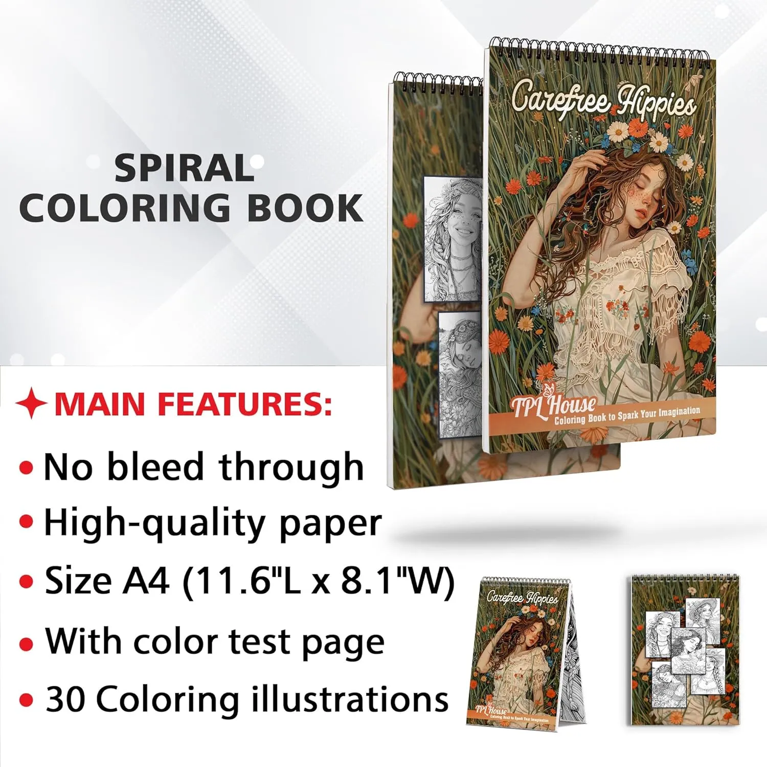 TPLHOUSE Carefree Hippies Coloring Book Spiral Bound for Adults and Women, Premium Cover, 30 Happy Coloring Pages of Hippie Lifestyle for Stress Relief and Relaxation