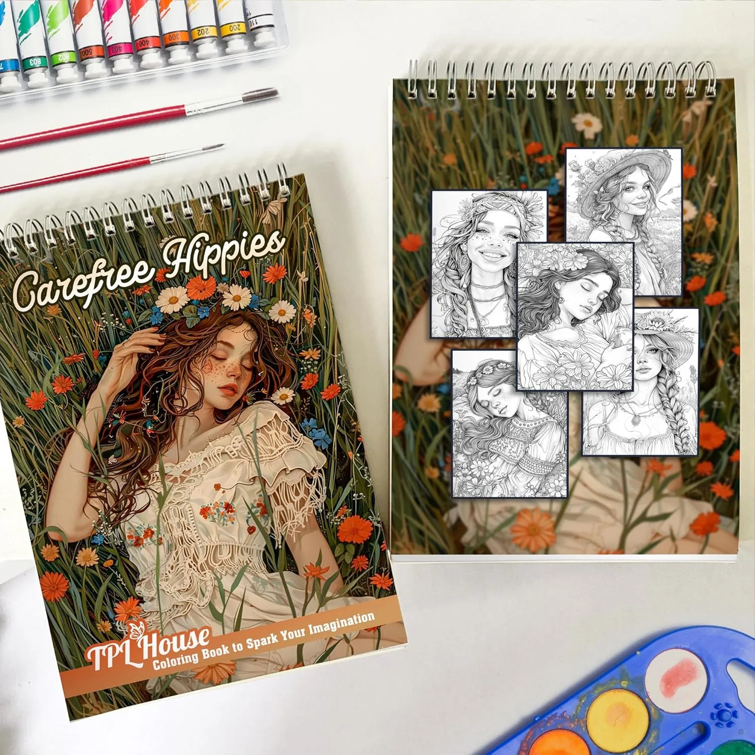 TPLHOUSE Carefree Hippies Coloring Book Spiral Bound for Adults and Women, Premium Cover, 30 Happy Coloring Pages of Hippie Lifestyle for Stress Relief and Relaxation